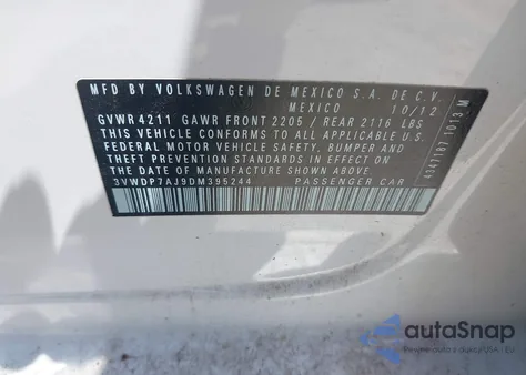 2013 Volkswagen Jetta 2.5L Se z USA, uszkodzony, nr VIN 3VWDP7AJ9DM395244